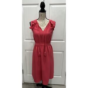 KATE SPADE Women's Deep Coral Stretch Waist Flowy V-Neck Tassels Dress Small